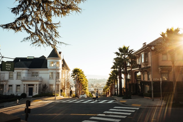 Street in a neighborhood in California during sunset
